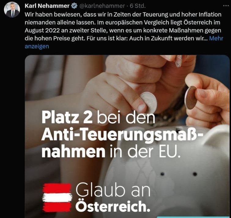 Австрийский канцлер Карл Нехаммер использовал фотографию с рублями в рамках пиар-кампании, посвященной мерам по борьбе с инфляцией