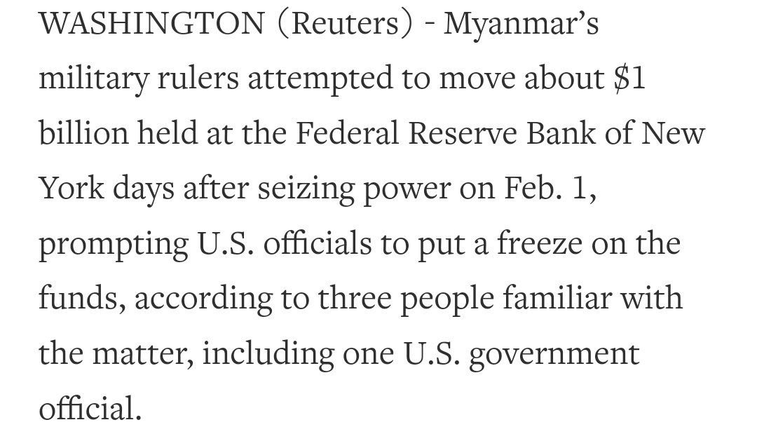 Военные, которые совершили госпереворот в Мьянме, пытались снять миллиард долларов со счета страны